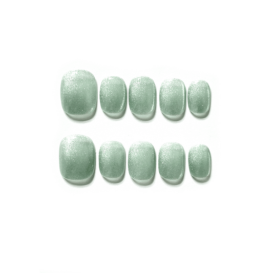 GREEN CAT EYE - Short Round Handmade Press-on Nails