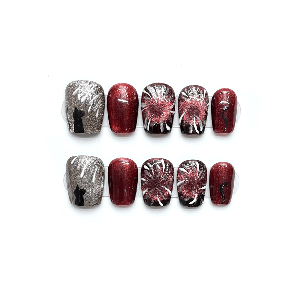 RED BOOM - Red Fireworks Cat Eye Short Coffin Press-on Nail