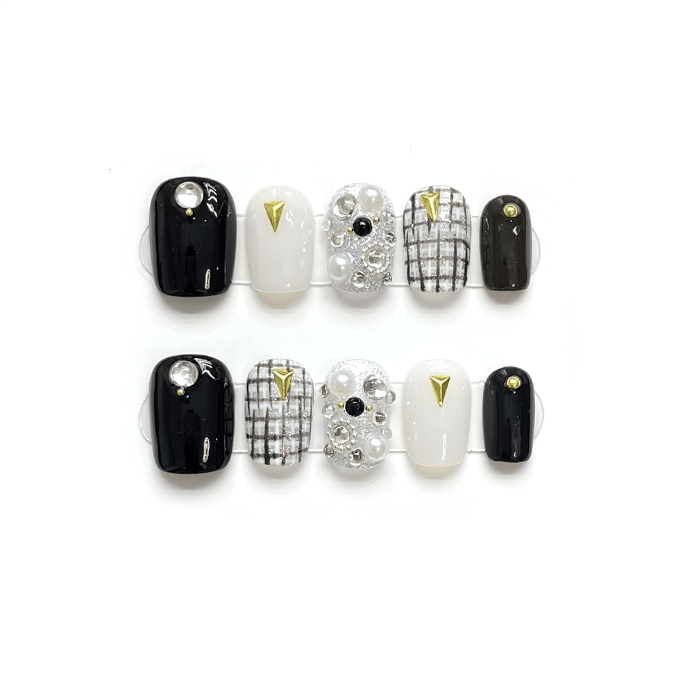 NEAT DOTS - Elegant Houndstooth Short Round Press-on Nail