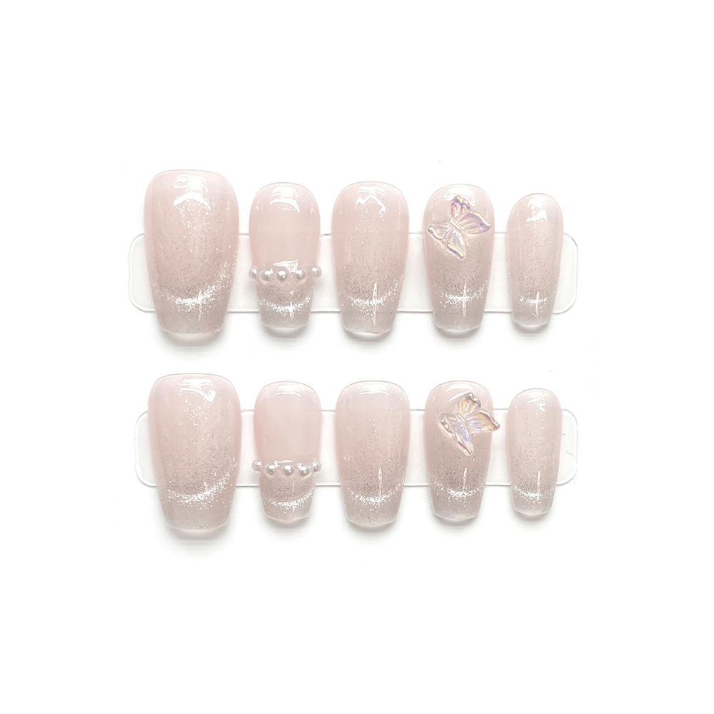 PEARLESCENT BUTTERFLY - Nails With  Butterfly Pearl, Pale Pink Cat Eye Nails, Short Medium Coffin Fake Nails