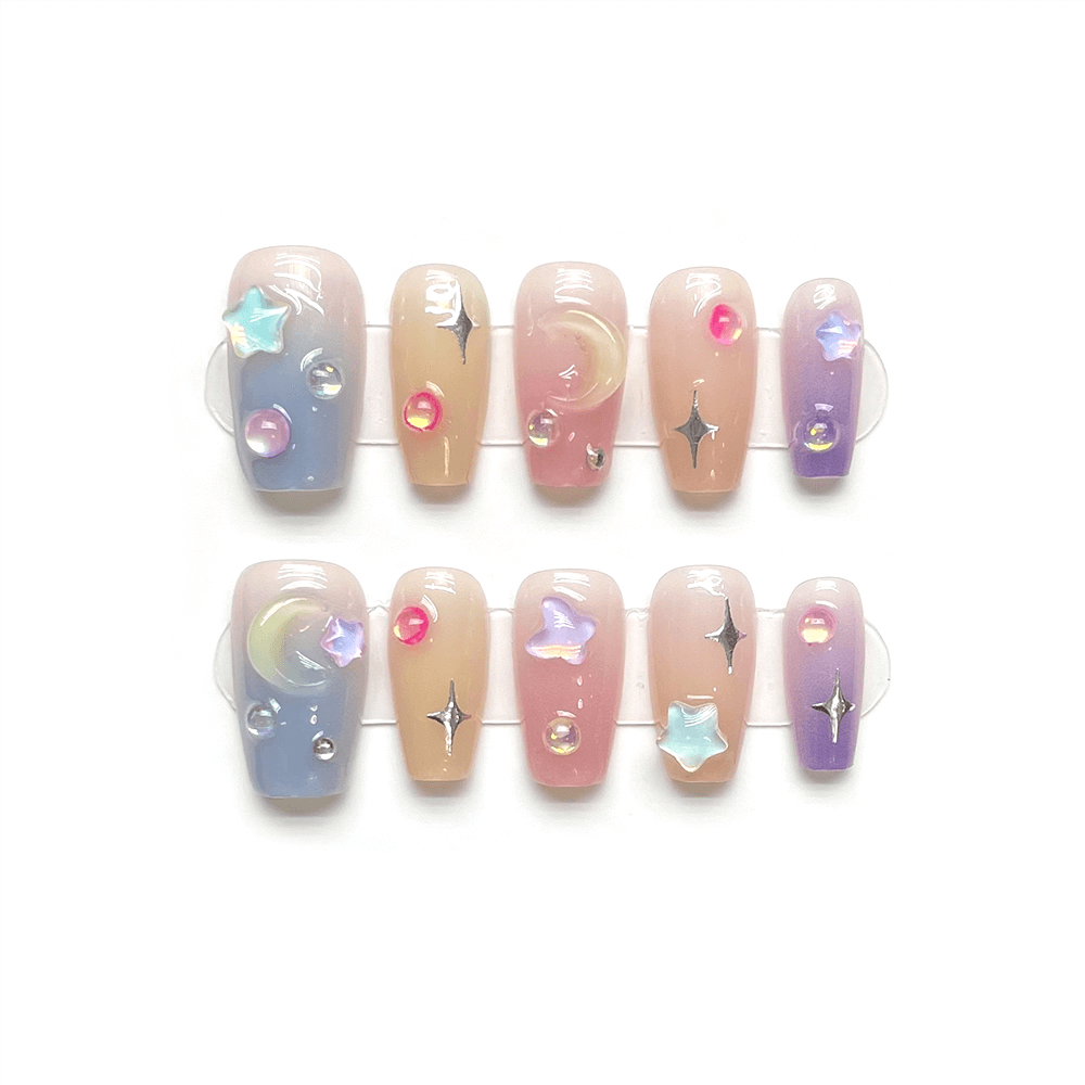 RAINBOW GEM - Spring Summer Fruit Candy Colorful Nails, Short Round Handmade Press-on Nails