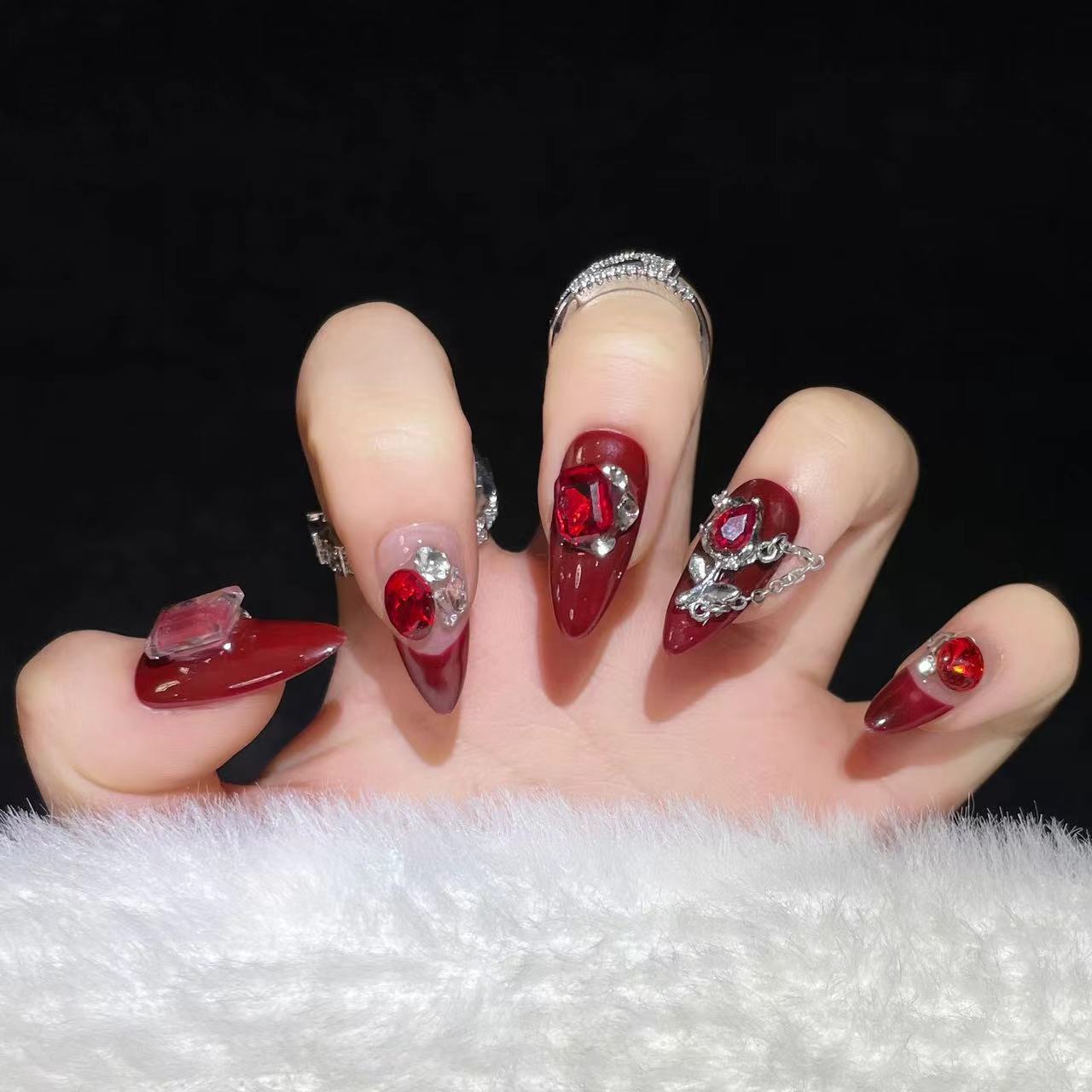 Nails with red gems Press on Nails, Red Shiny Love Heart 3d Rhinestone Medium Almond Shape Acrylic False Nails, Reusable Gel Full Extension Nails, Matte Glossy Press on Nails, Valentine Nails, Glue On Nails, Gel Nails, Fake Nails, Luxury Nails