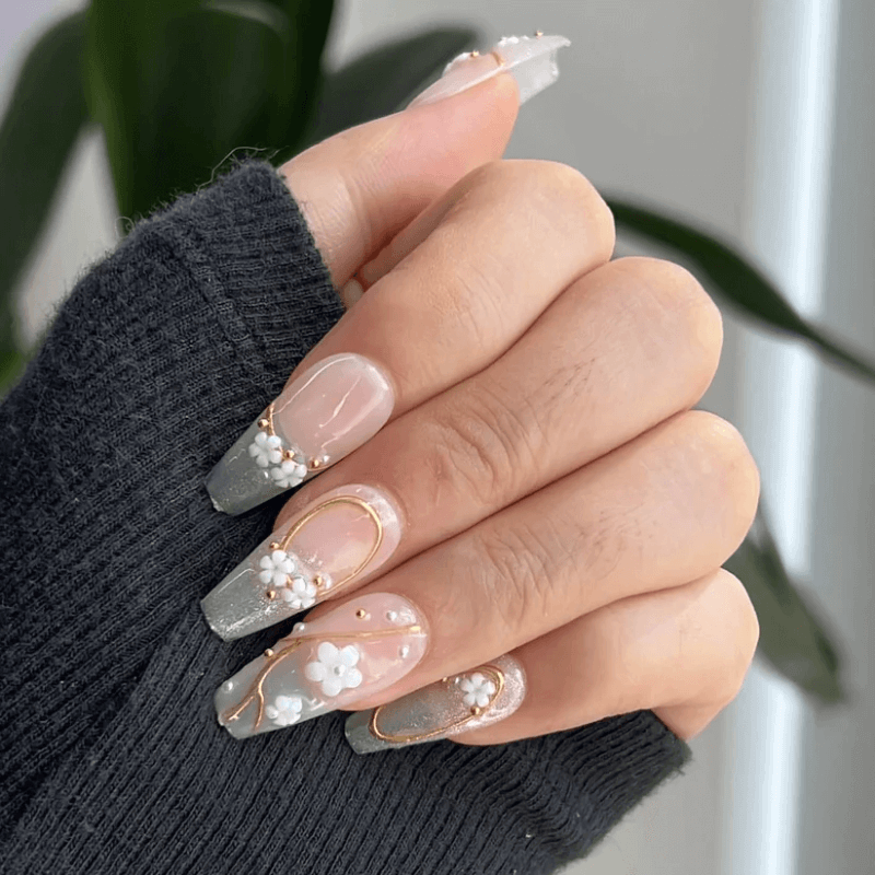 SAKURA WHISPER -Cat Eye French Tip Nails, Sakura Classic Nude, Medium Coffin High Quality Handcraft Fake Nails