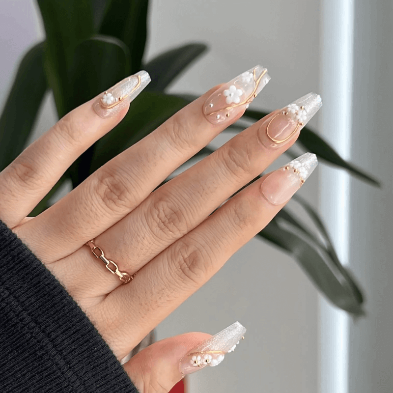 SAKURA WHISPER -Cat Eye French Tip Nails, Sakura Classic Nude, Medium Coffin High Quality Handcraft Fake Nails