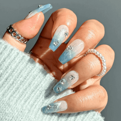 ICY BLUE - Cool Girl Nails, Azure Medium Coffin Fake Nails, Reusable Press on Nails