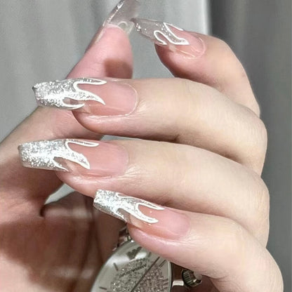 Silver flame press on nails, cool girl fake nails, Gothic Y2K Press on Nails, Medium Coffin Nails, Cool Girl Nails, Glue On Nails, Gel Nails, Fake Nails, Luxury Nails, flame press studs, hot girl long nails