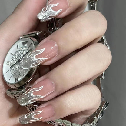 Silver flame press on nails, cool girl fake nails, Gothic Y2K Press on Nails, Medium Coffin Nails, Cool Girl Nails, Glue On Nails, Gel Nails, Fake Nails, Luxury Nails, flame press studs, hot girl long nails