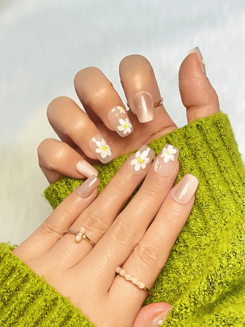 WHITE FLORAL - Reinesprit Spring Summer Press on Nail, Cute White Flower Pink Cat Eye Reusable Press on Nails