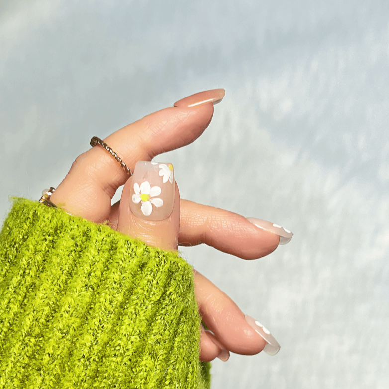 WHITE FLORAL - Reinesprit Spring Summer Press on Nail, Cute White Flower Pink Cat Eye Reusable Press on Nails