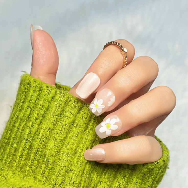 WHITE FLORAL - Reinesprit Spring Summer Press on Nail, Cute White Flower Pink Cat Eye Reusable Press on Nails