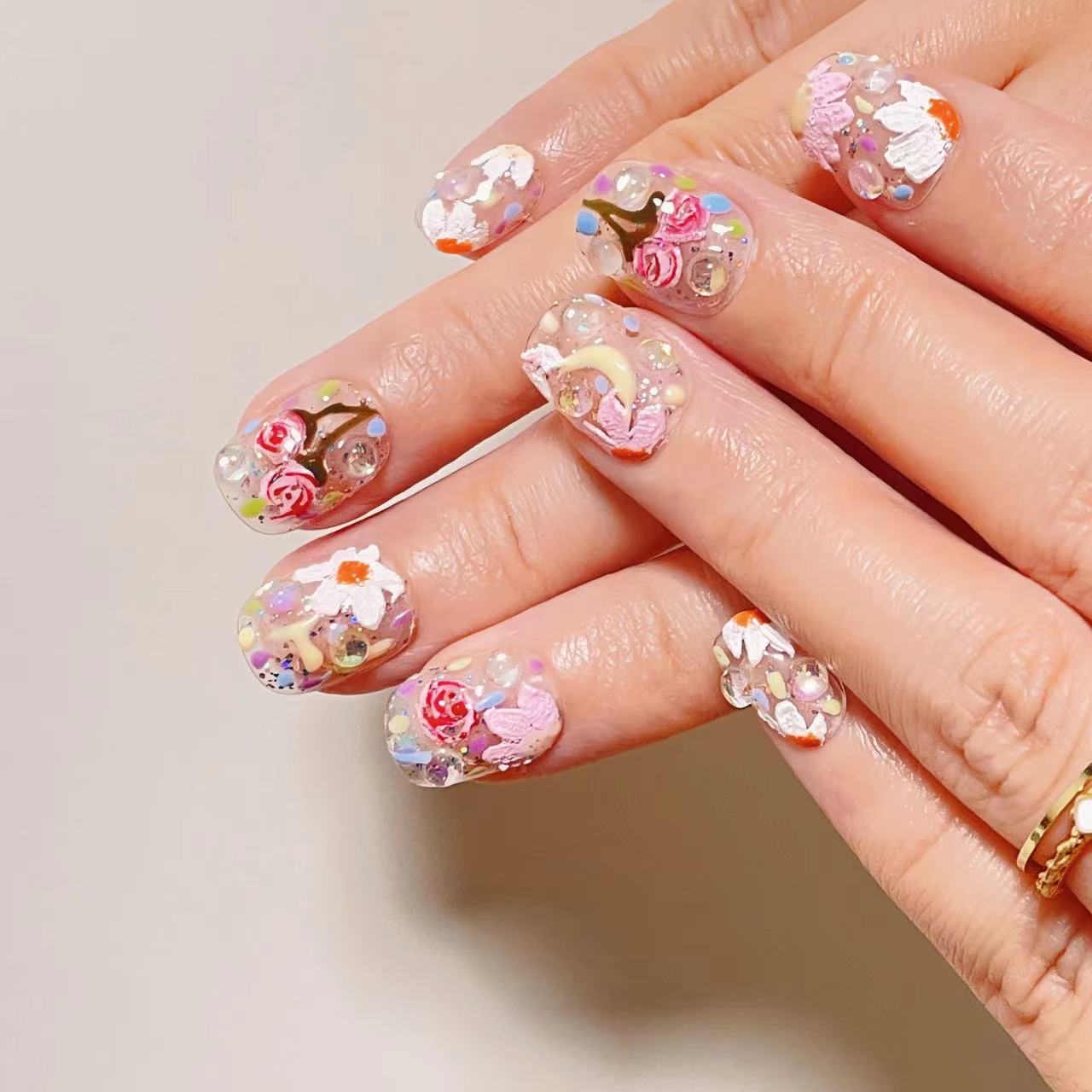 GAEDEN PAINT - Colorful Flower In Spring, Short Coffin Round Custom Luxury Handpainted Fake Nails, Reinesprit Spring Summer Press on Nail