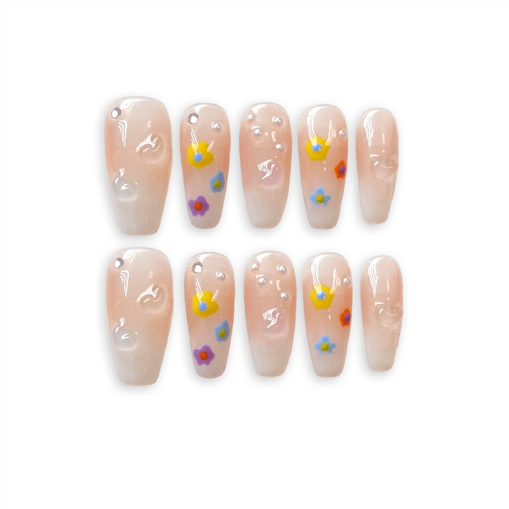 PASTEL - Colorful Flower Medium Coffin Press-on Nail - Reinesprit Spring Summer False Nails