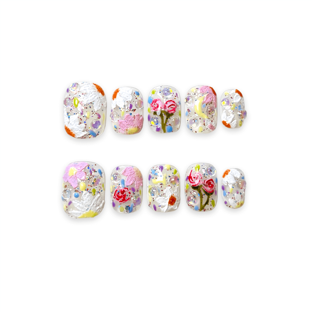 GAEDEN PAINT - Colorful Flower In Spring, Short Coffin Round Custom Luxury Handpainted Fake Nails, Reinesprit Spring Summer Press on Nail