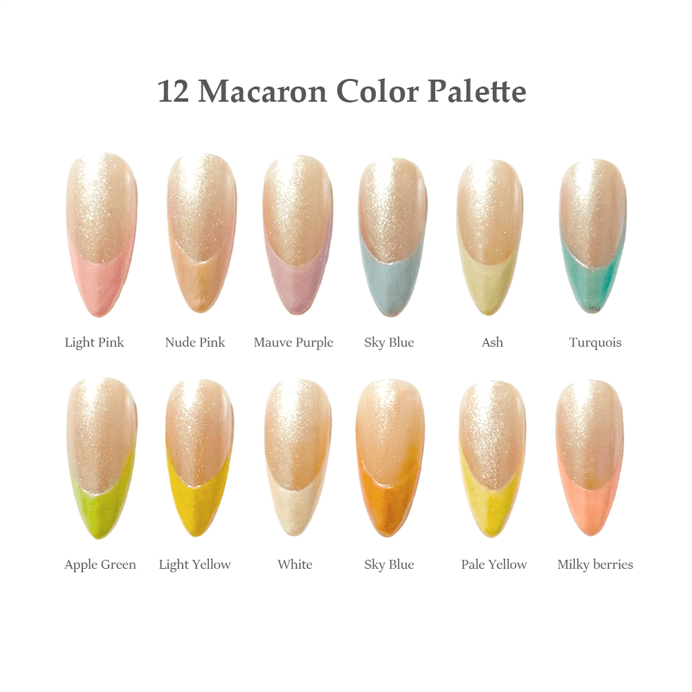 SUMMER CHROME FRENCH - Chrome French Almond Nails, Macaron Inspired Light Color for a Classic and Sweet Summer Look, 12 Colors Macaron Theme, Light Purple Yellow Pink Nails