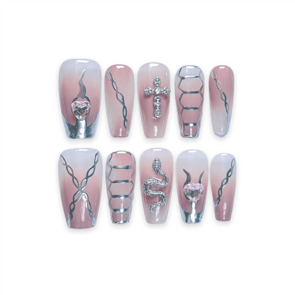 LOVE LOCKS - Pink Heart Nail Art with Cross, Chain, and Snake Design, Medium Coffin Press on Nails, Trendy and Stylish Y2K Nails for Summer