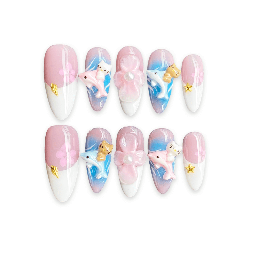 DOLPHIN DREAM - Summer Ocean Handmade Press-on Nails - Seaside White French Tip 3D Flowers Dolphin Hello Kitty Almond Shape