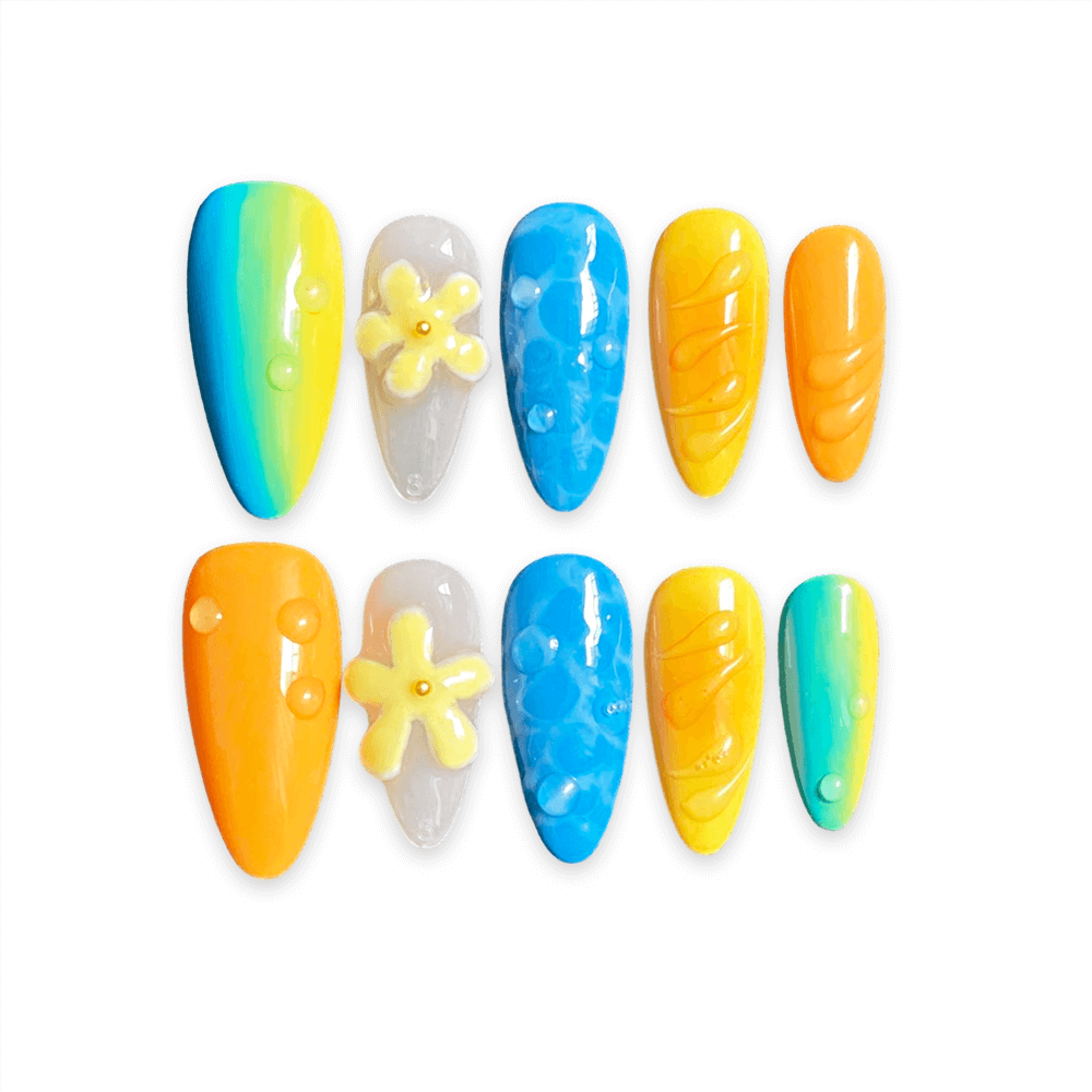 SUMMER OCEAN - Colourful Summer Ocean Medium Almond Press on Nails with Handpainted 3D Flowers - Seaside Almond Shape Nail Art