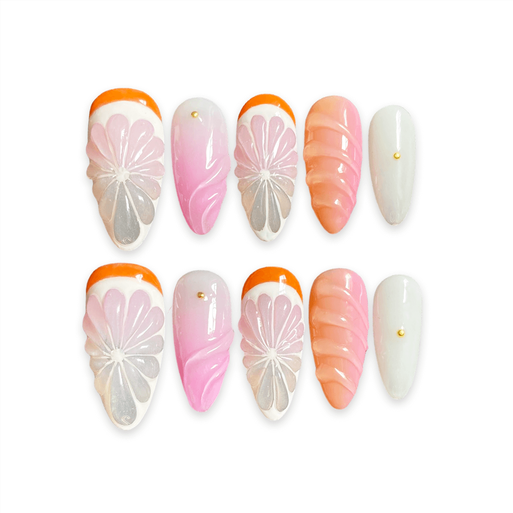 SUNNY CITRUS - Summer Citrus 3D Orange Acrylic Almond Press-On Nails - Handcrafted Luxury Nail Designs