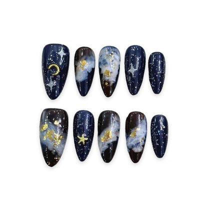 MYSTERY ENERGY - Handmade Press-on Nails Golden Stars & Moons Blue Reusable Press on Nail Glossy Medium Almond Shape, Stylish Press on Nail Art