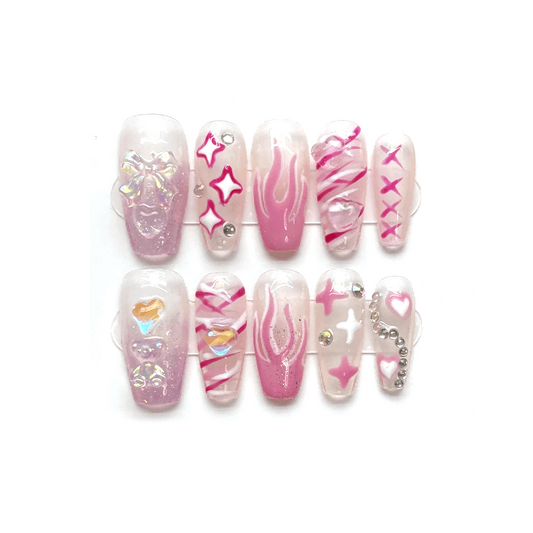 Y2K SWEETIE - Pink Medium Coffin Handmade Press-on Nails