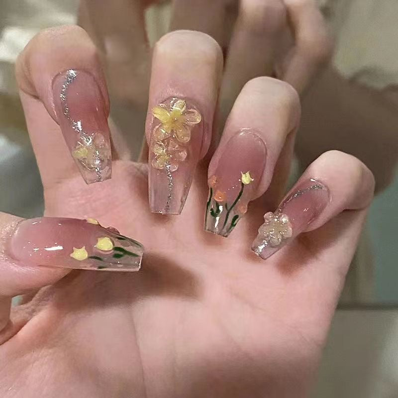 SUN-KISSED - Spring Summer Nails, Nails with Tulip, Medium Coffin Nails, Custom Luxury Handpainted Fake Nails