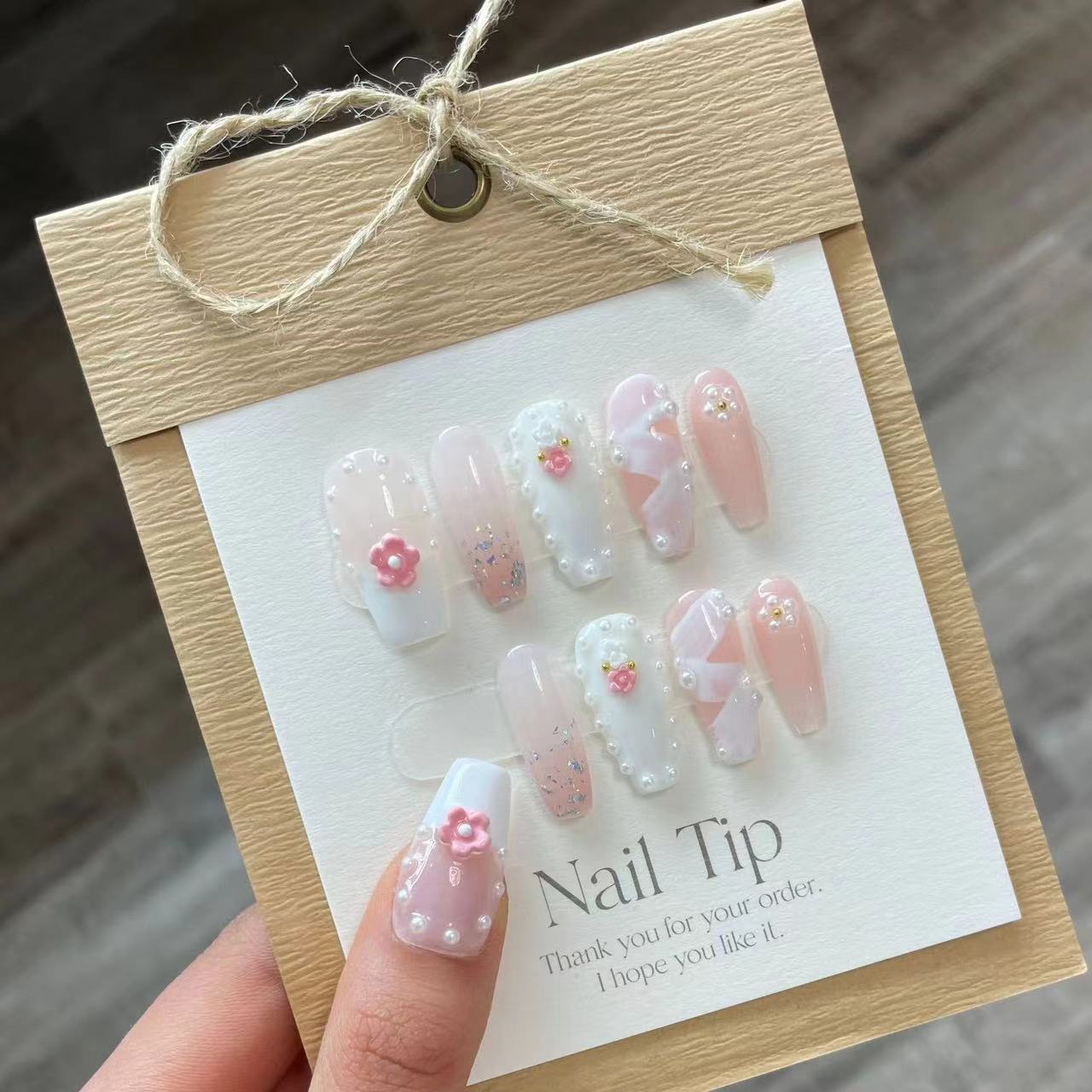 RIBBON FLOWER - Nude Pink Flower, White French Medium Coffin High Quality Handcraft Nails, Reinesprit Spring Summer Press on Nail