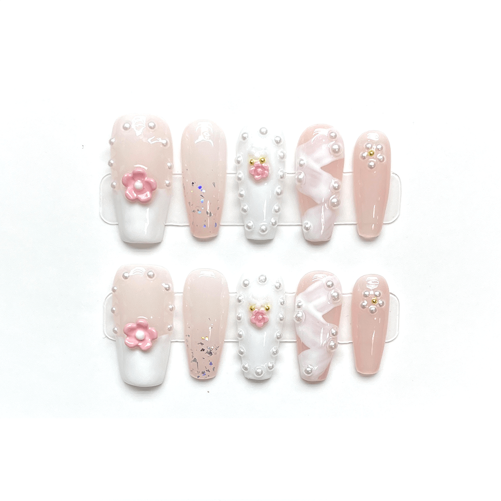 RIBBON FLOWER - Nude Pink Flower, White French Medium Coffin High Quality Handcraft Nails, Reinesprit Spring Summer Press on Nail