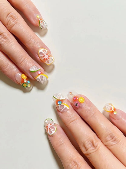 SUMMER CITRUS - Reusable Handmade Press-on Nails in Sweet Lemon & Tropical Fruit Design, Luxury Fake False Nails, Cute Daily Medium Coffin, Summer 2024