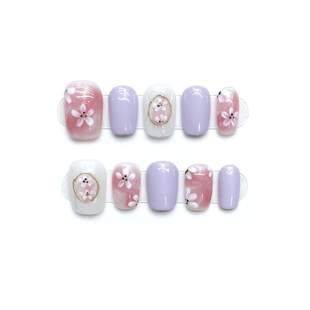 BLOOMY - Pastel Purple, Pink, Sakura, Short Coffin, Handmade Press-on Nails