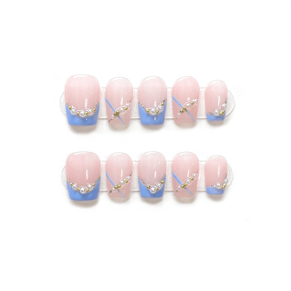 BLUE PEARL - Azure French Tip Fake nails, Pearl Flash, Short Coffin, Handmade Press-on Nails