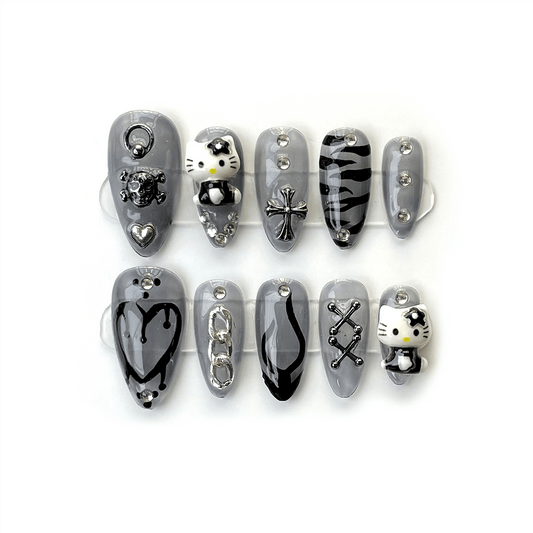 DARKNESS KITTY - Cool Girl Nails, Hello Kitty Gothic Y2K, Medium Almond Shape, Handmade Press-on Nails