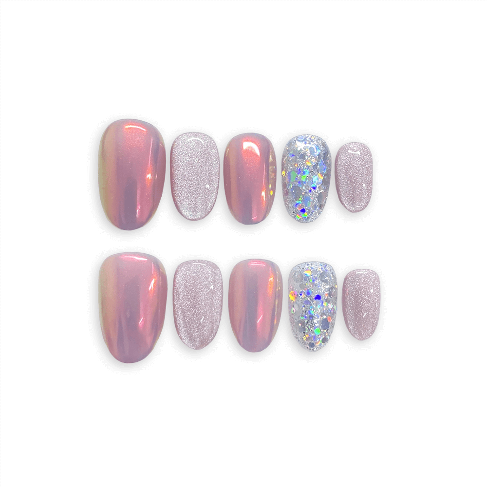 GLIMMERING CORAL - Chrome Pink Dreamlike, Short Almond Round Fake Nails, Reinesprit Spring Summer Press on Nail