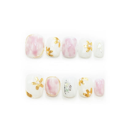 GOLDEN-FLORAL - Spring Press on Nails 2024, Purple White Nails, Golden Flower Handmade Fake Nails, False Nails