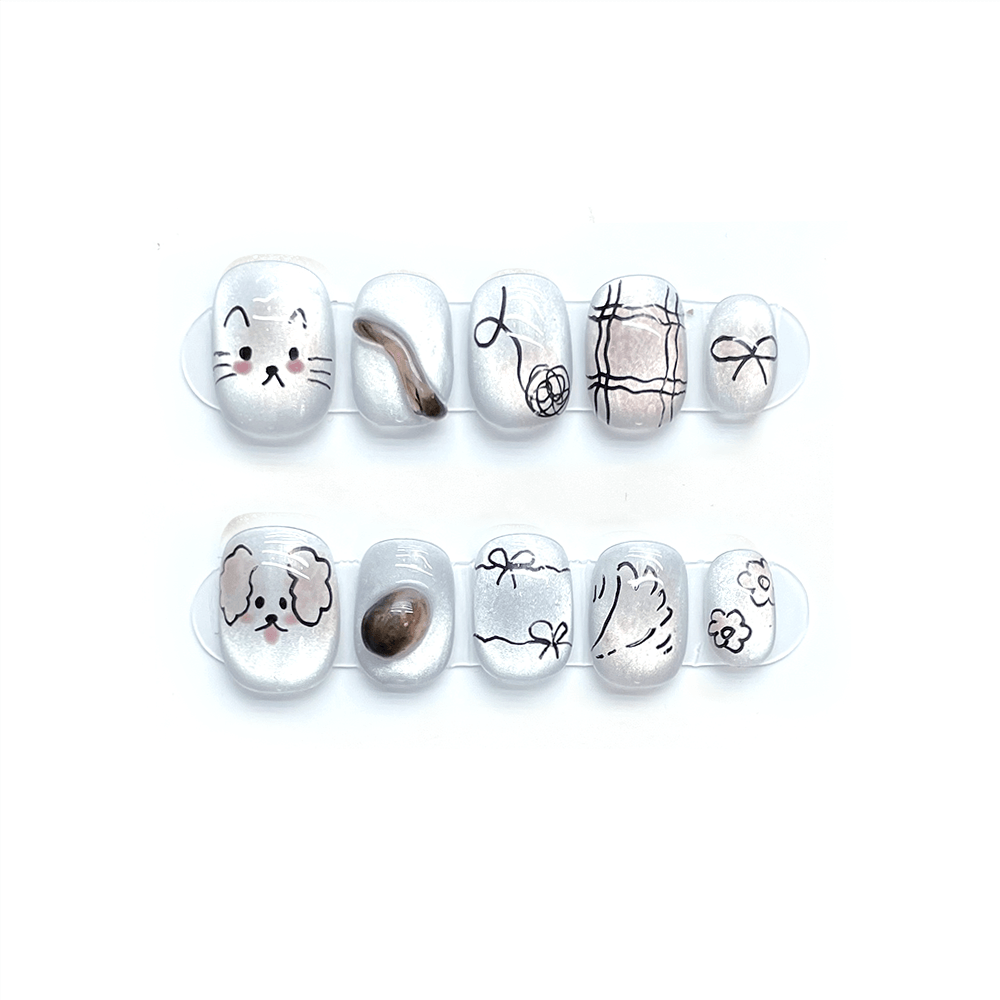 LITTLE PETS - Cute Nails With Cats and dogs, Short Round Coffin Press ons, Custom Luxury Handpainted Fake Nails