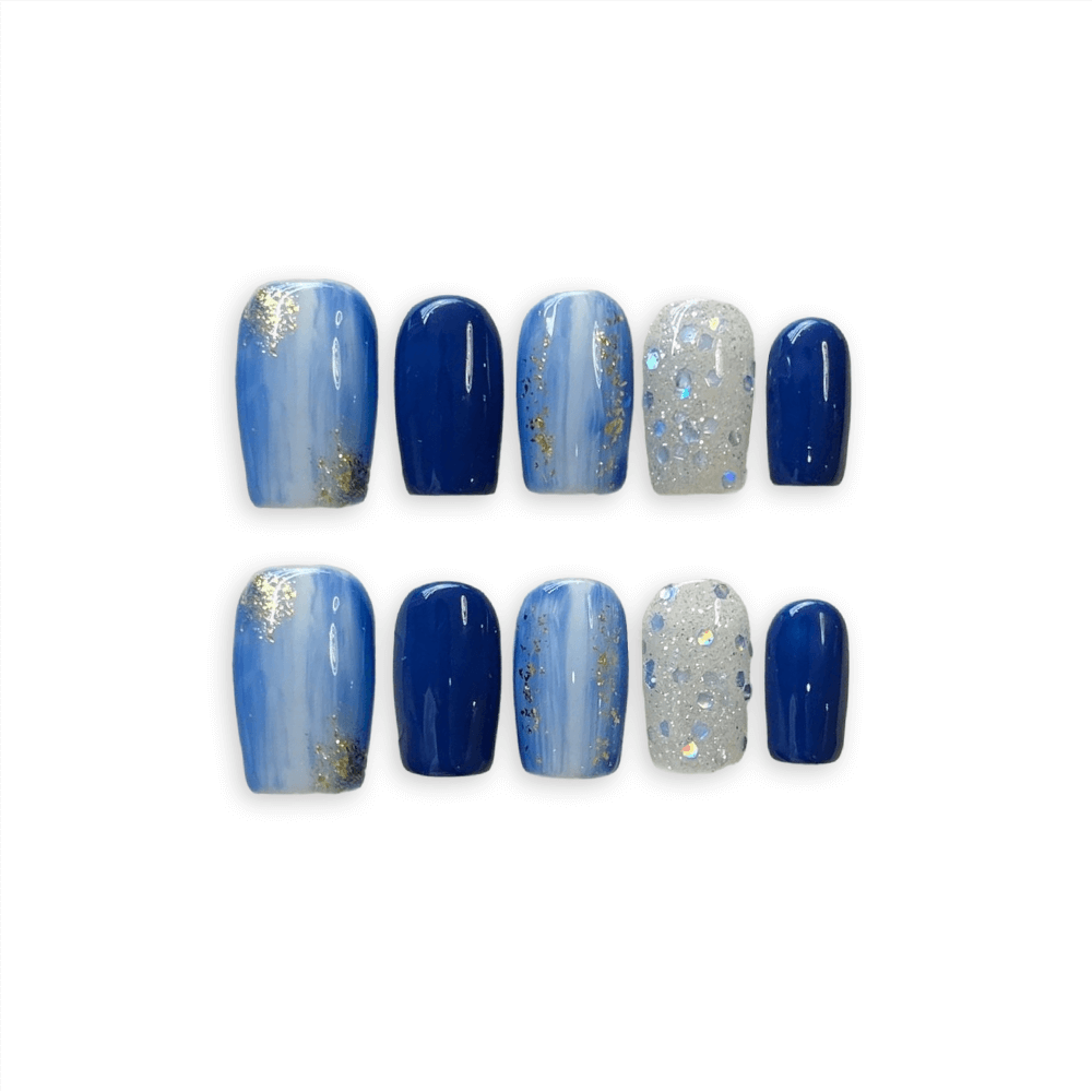 OCEAN WAVE - Luxury Handpainted Blue Glitter Press On Nails - Reusable Fake Short Coffin Cool Girl Daily Nails