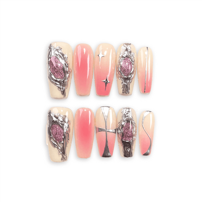 PINK NEBULA - Handmade Press-On Nails Reusable Pink Cool Girl Gothic Y2K Long Coffin Silver Mirror Star