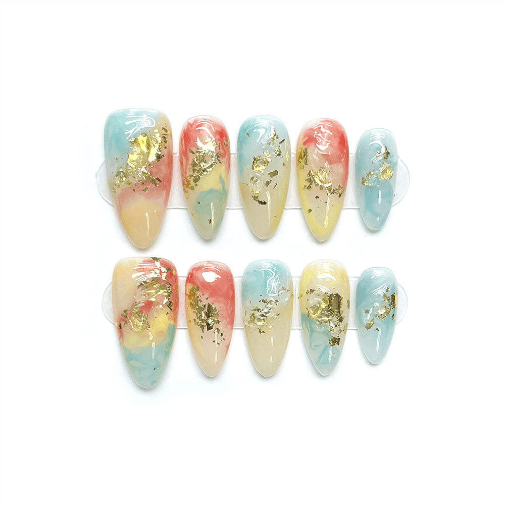 RAINBOW FLOW - Unique Multicolored Gold Foil Nails, Medium Almond Shape Press on Nails, Custom Luxury Fake Nails