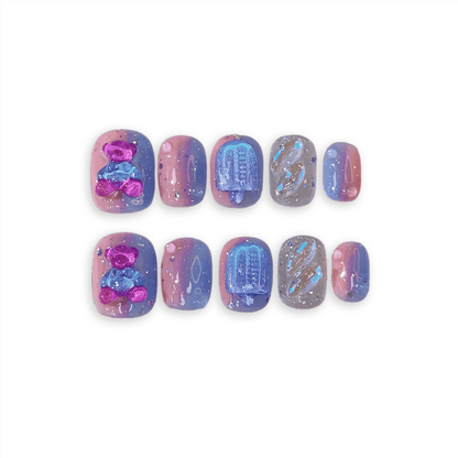 Handmade Press-on Nails Pink Teddy Bear Short Round Coffin Purple Pink Gradient