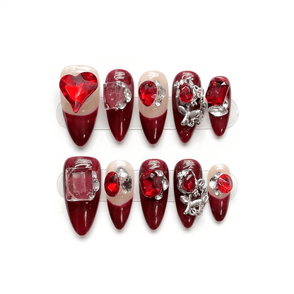 Nails with red gems Press on Nails, Red Shiny Love Heart 3d Rhinestone Medium Almond Shape Acrylic False Nails, Reusable Gel Full Extension Nails, Matte Glossy Press on Nails, Valentine Nails, Glue On Nails, Gel Nails, Fake Nails, Luxury Nails