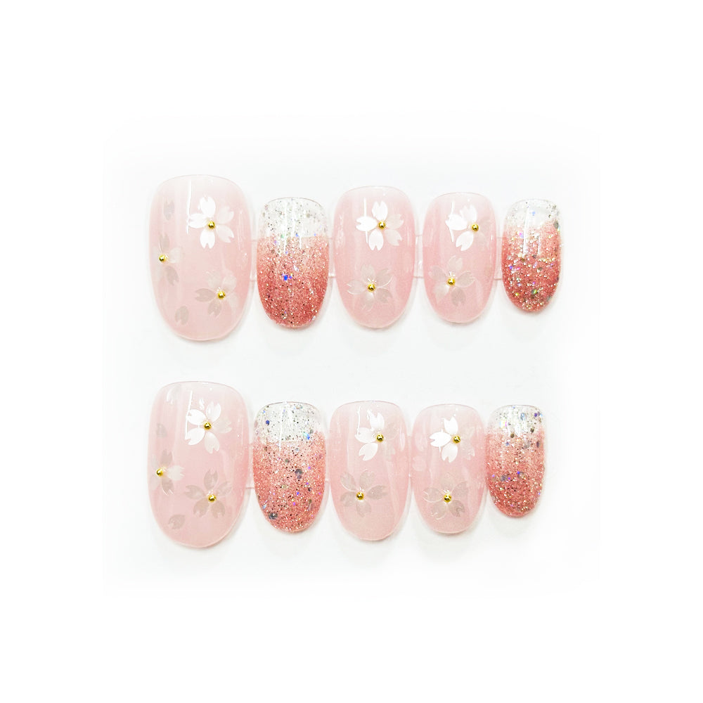 SAKURA - Pink Sakura Flower, Spring Summer Press on Nails, Short Round Handpainted Fake Nails