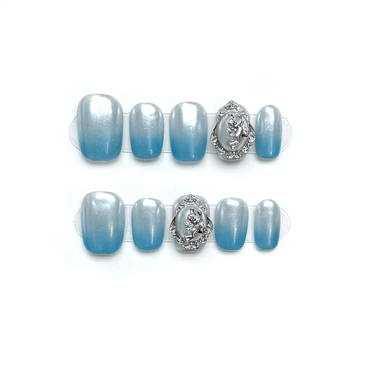 SILVER LAGOON -Ice Blue Nails, Cool Girl Metal Mirror Nails, Reusable Luxury Press on Nails