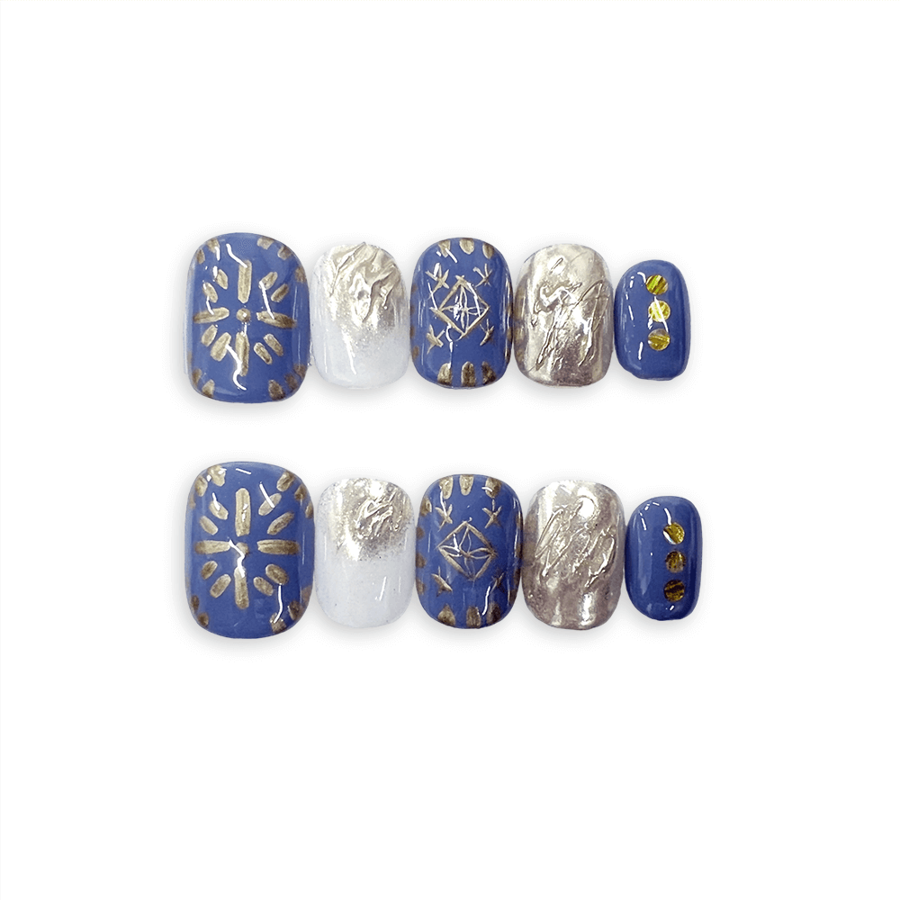 SILVER NAVY - Luxury Handmade Navy Blue and Gold Handpainted Press-on Fake Nails Short Round - Daily Chic False Nails