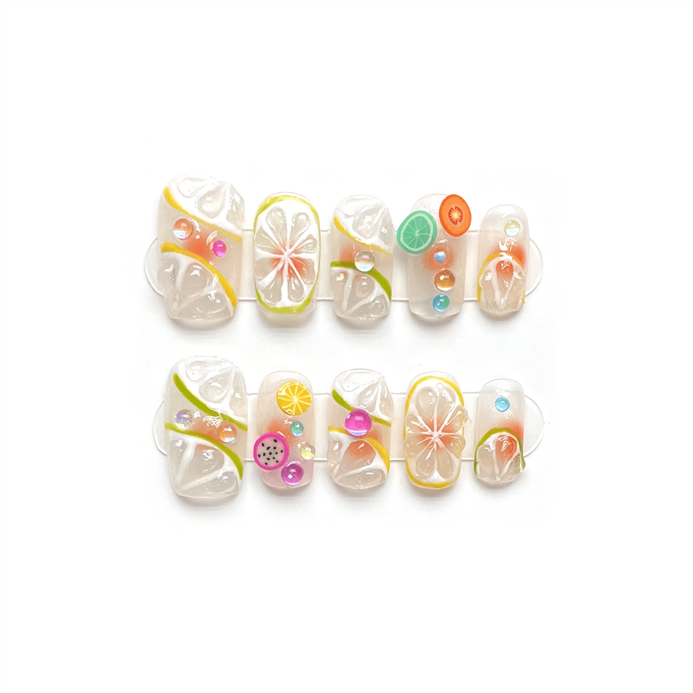 SUMMER CITRUS - Reusable Handmade Press-on Nails in Sweet Lemon & Tropical Fruit Design, Luxury Fake False Nails, Cute Daily Medium Coffin, Summer 2024