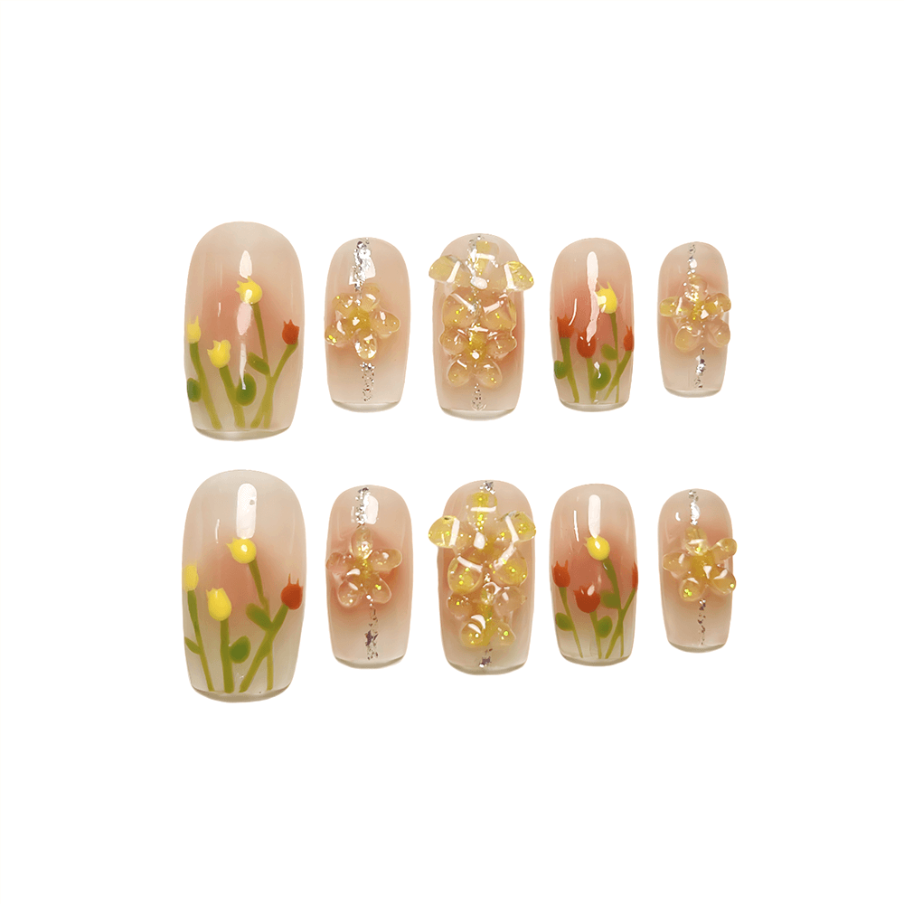 SUN-KISSED - Spring Summer Nails, Nails with Tulip, Medium Coffin Nails, Custom Luxury Handpainted Fake Nails