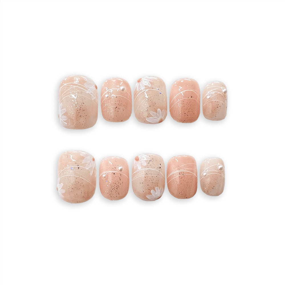 Reusable Handmade Spring 2024, Nude Ombre Acrylic Press-on Nails with Hand-Painted Flowers, Short Round Luxury Fake Nails for Daily