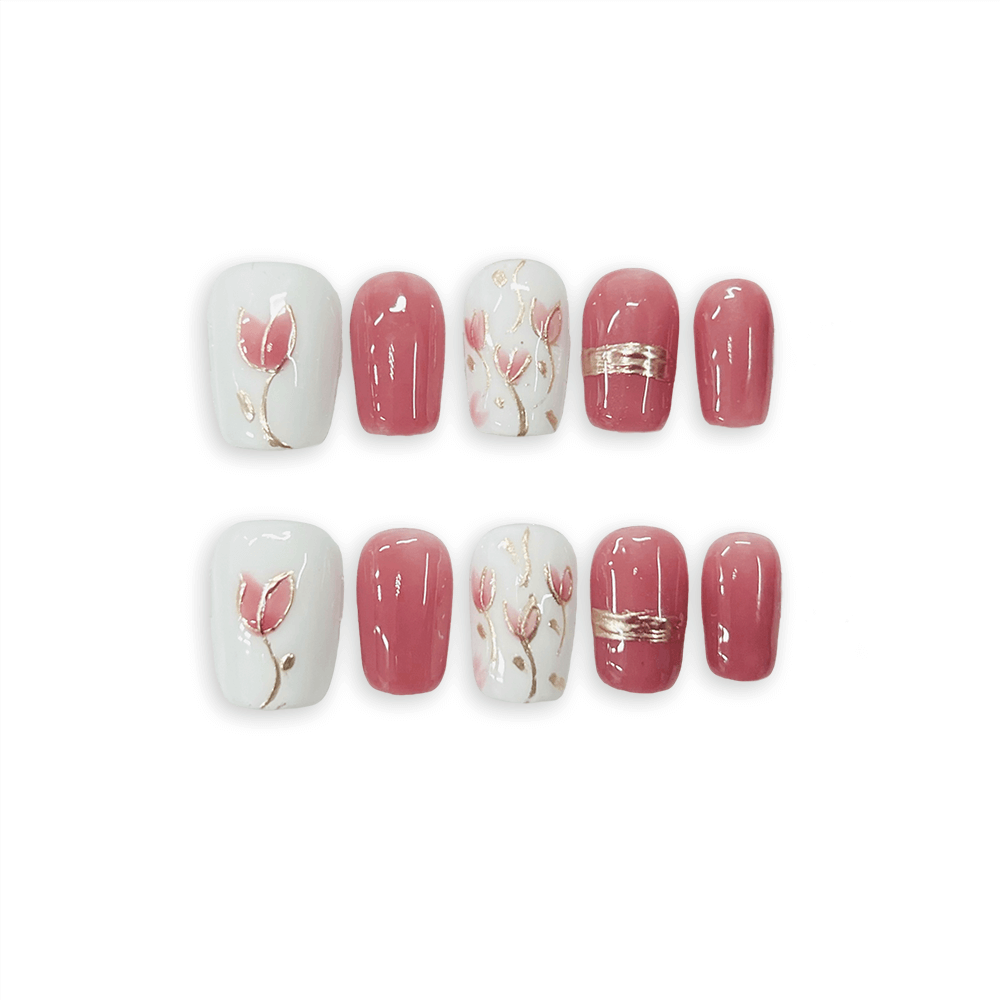 TULIP GLAMOUR - Luxury Red Tulip Hand-painted Flowers Reusable Handmade Press-on Nails - Short Coffin False Nails for Spring 2024