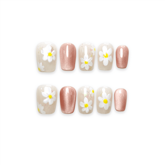 WHITE FLORAL - Reinesprit Spring Summer Press on Nail,  Cute White Flower Pink Cat Eye Reusable Press on Nails