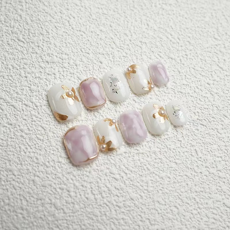 GOLDEN-FLORAL - Spring Press on Nails 2024, Purple White Nails, Golden Flower Handmade Fake Nails, False Nails