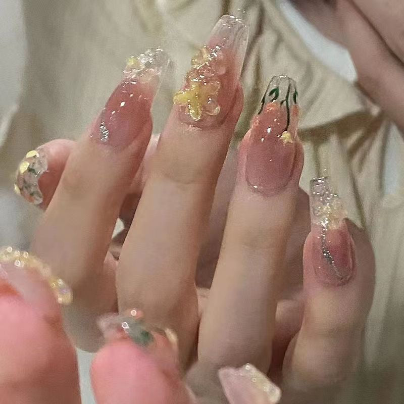 SUN-KISSED - Spring Summer Nails, Nails with Tulip, Medium Coffin Nails, Custom Luxury Handpainted Fake Nails