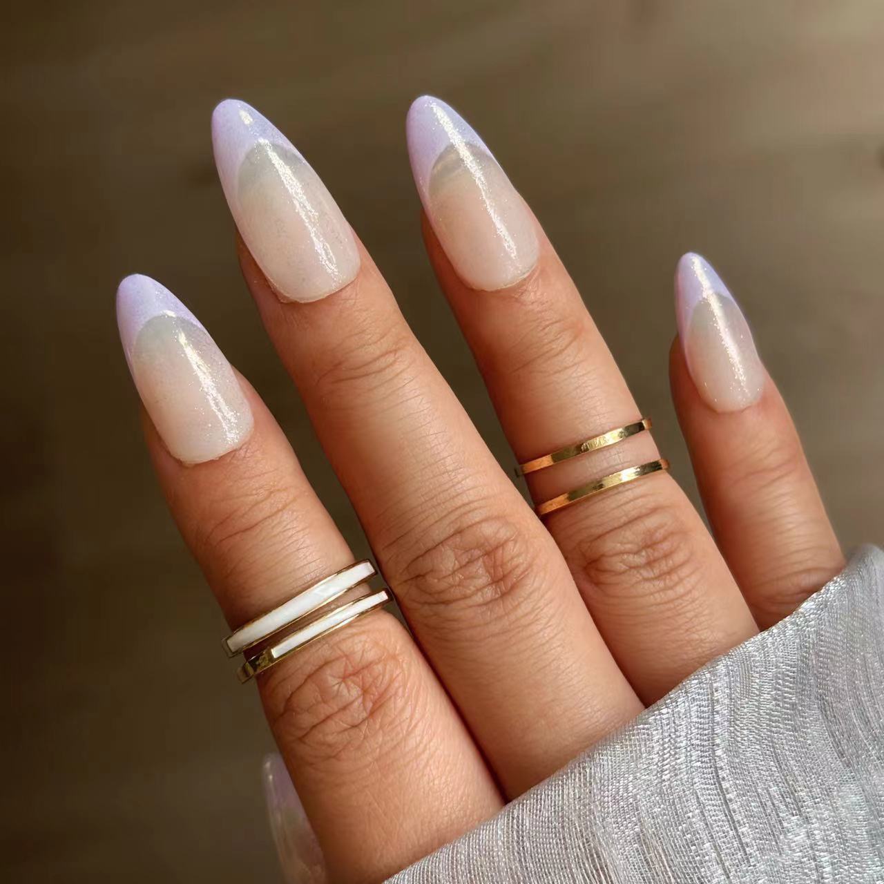 SUMMER CHROME FRENCH - Chrome French Almond Nails, Macaron Inspired Light Color for a Classic and Sweet Summer Look, 12 Colors Macaron Theme, Light Purple Yellow Pink Nails